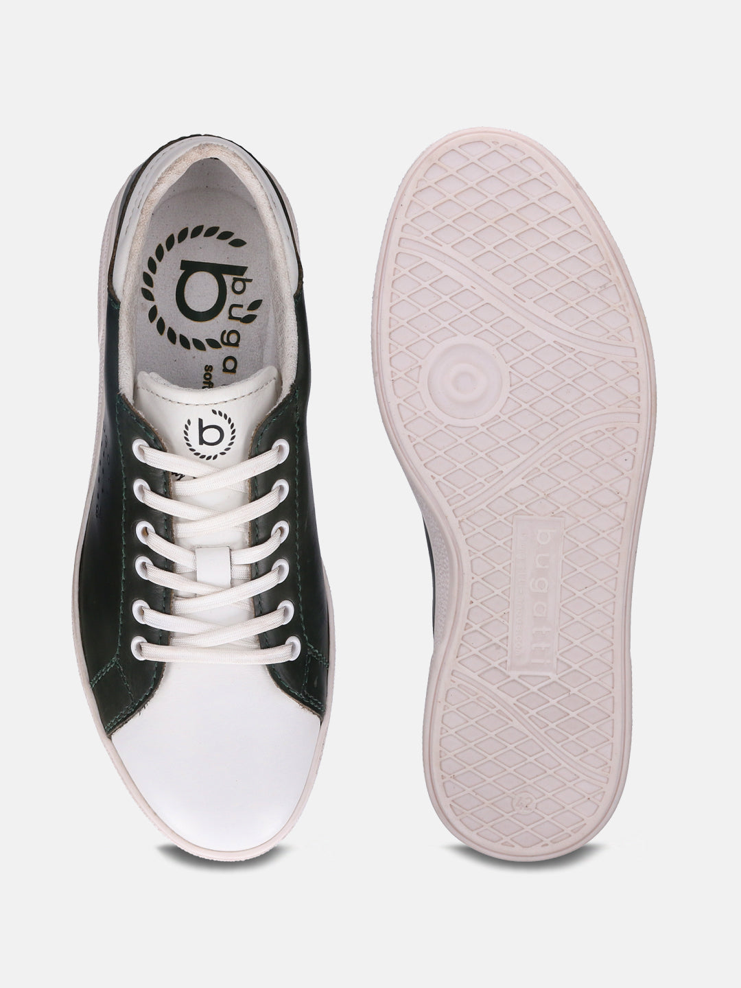 Leather sneakers by bugatti, with a white toe box and a dark green accent, shown with the sole visible.