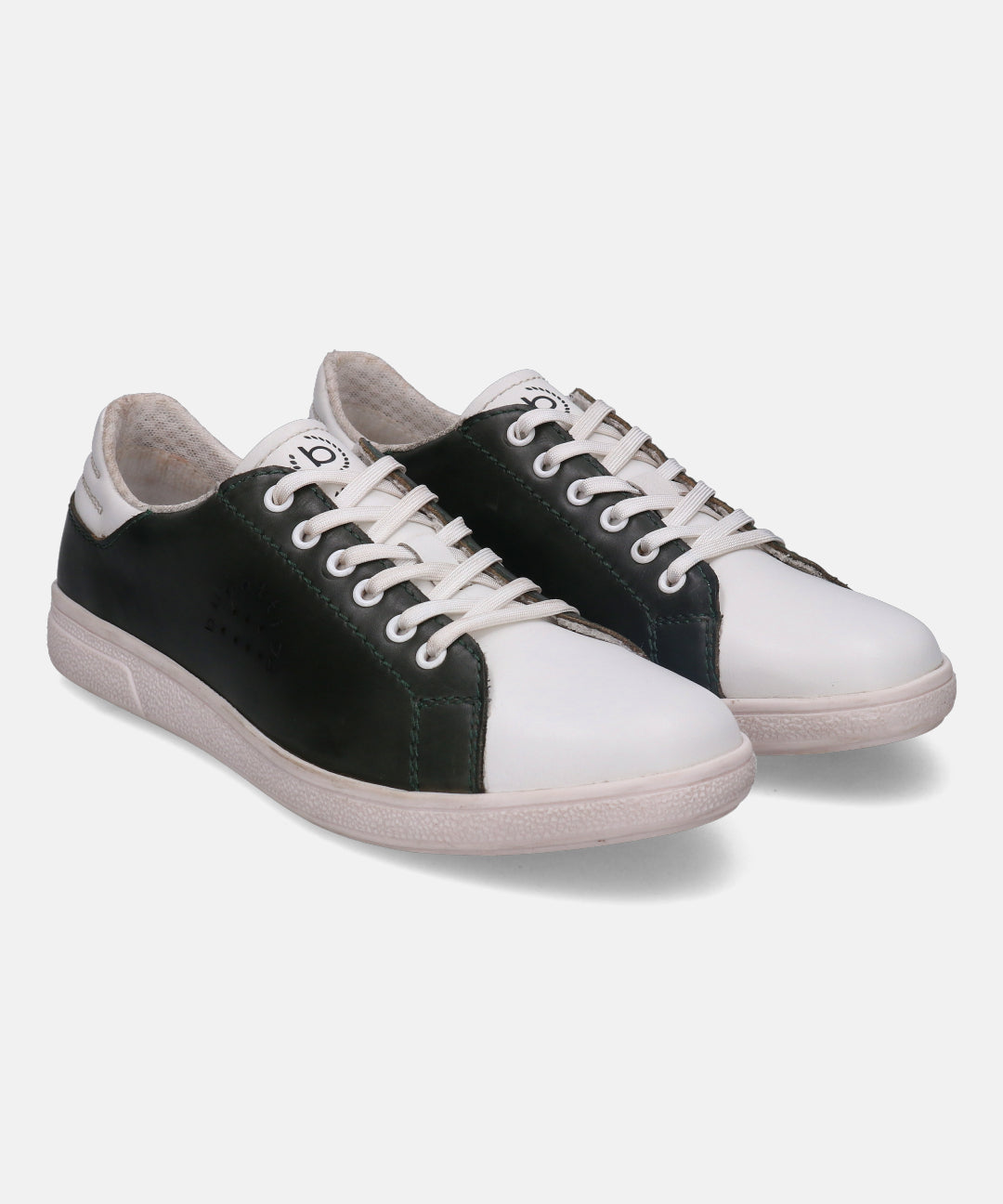 White and dark green leather sneakers by bugatti with white laces and textured sole.