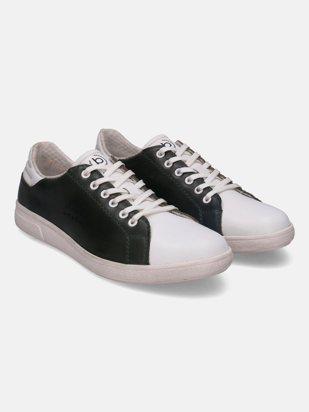 White and dark green leather sneakers by bugatti with white laces and textured sole.