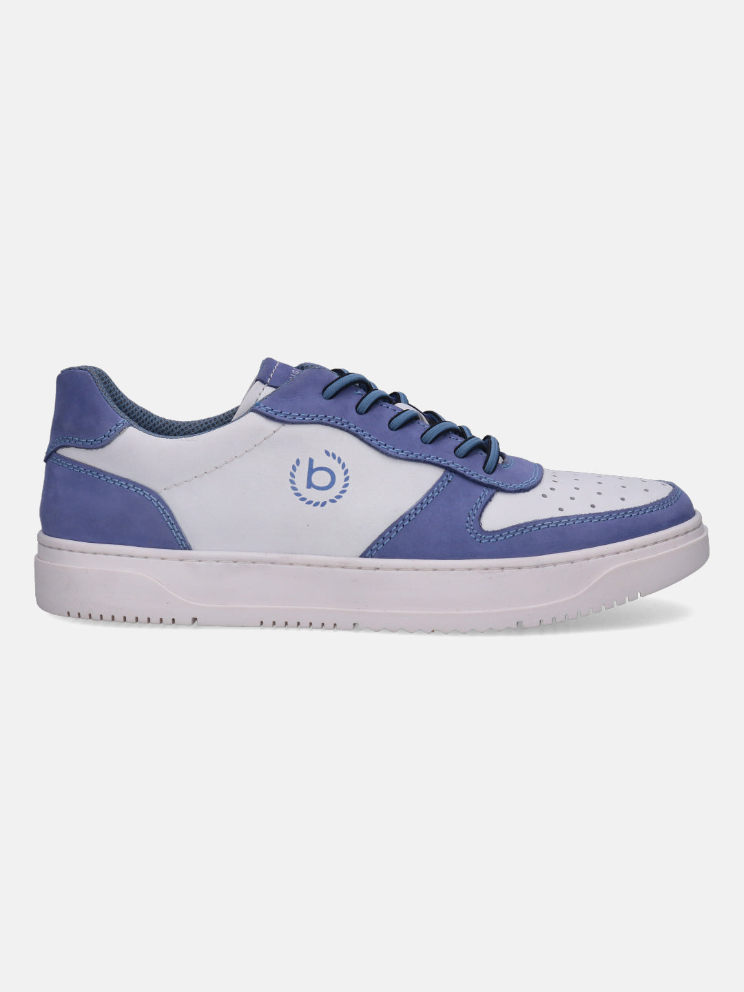 Light blue and white leather sneaker by Bugatti with matching laces and a white outsole.