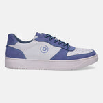 Light blue and white leather sneaker by Bugatti with matching laces and a white outsole.