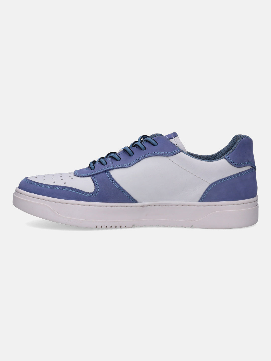 Light blue leather sneaker by bugatti with dark blue laces and a white sole.