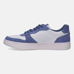 Light blue leather sneaker by bugatti with dark blue laces and a white sole.