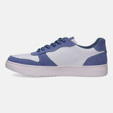 Light blue leather sneaker by bugatti with dark blue laces and a white sole.
