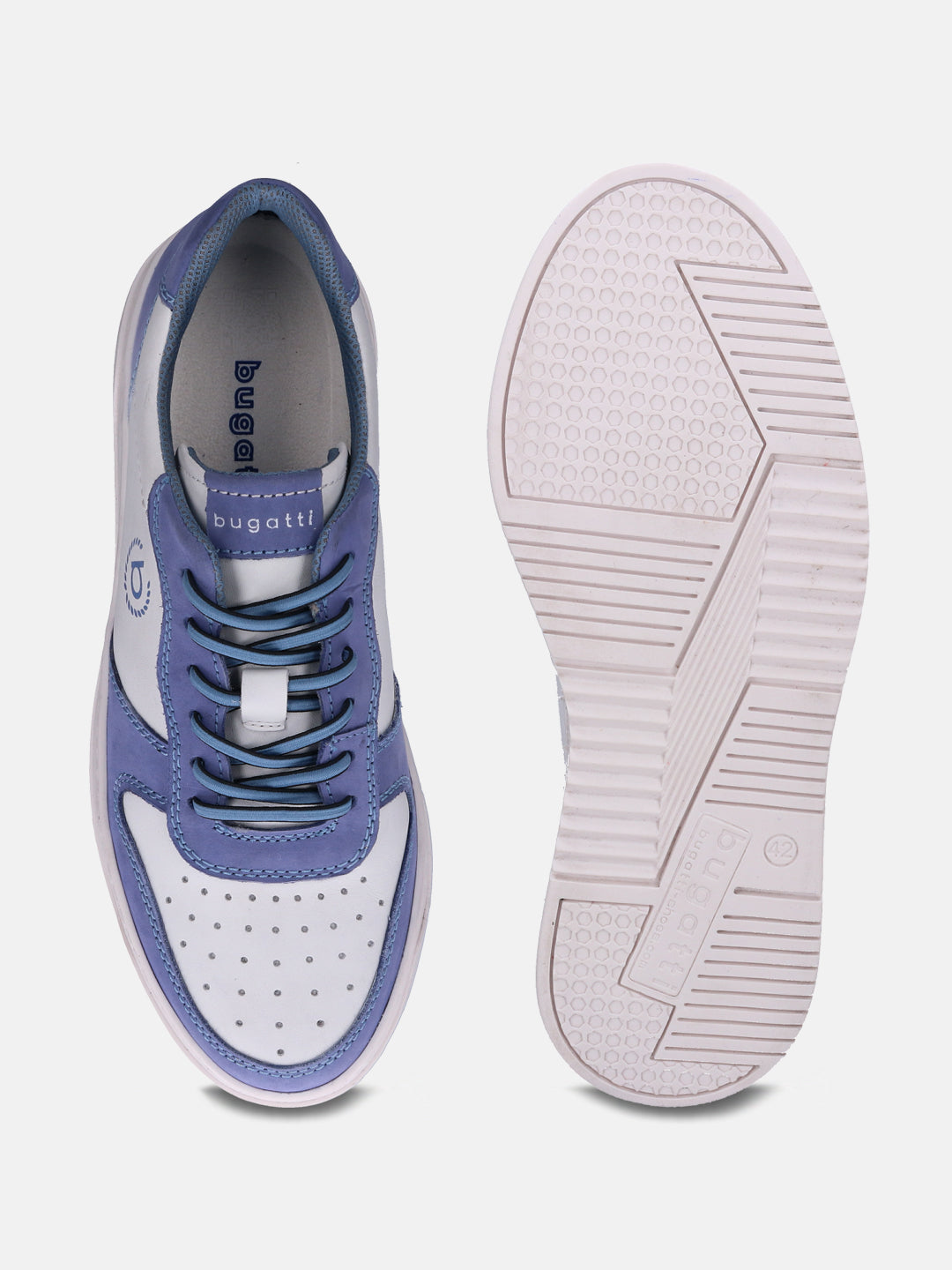 Light blue leather sneakers by bugatti with contrasting blue trim and perforated detailing.