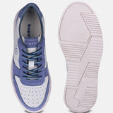 Light blue leather sneakers by bugatti with contrasting blue trim and perforated detailing.