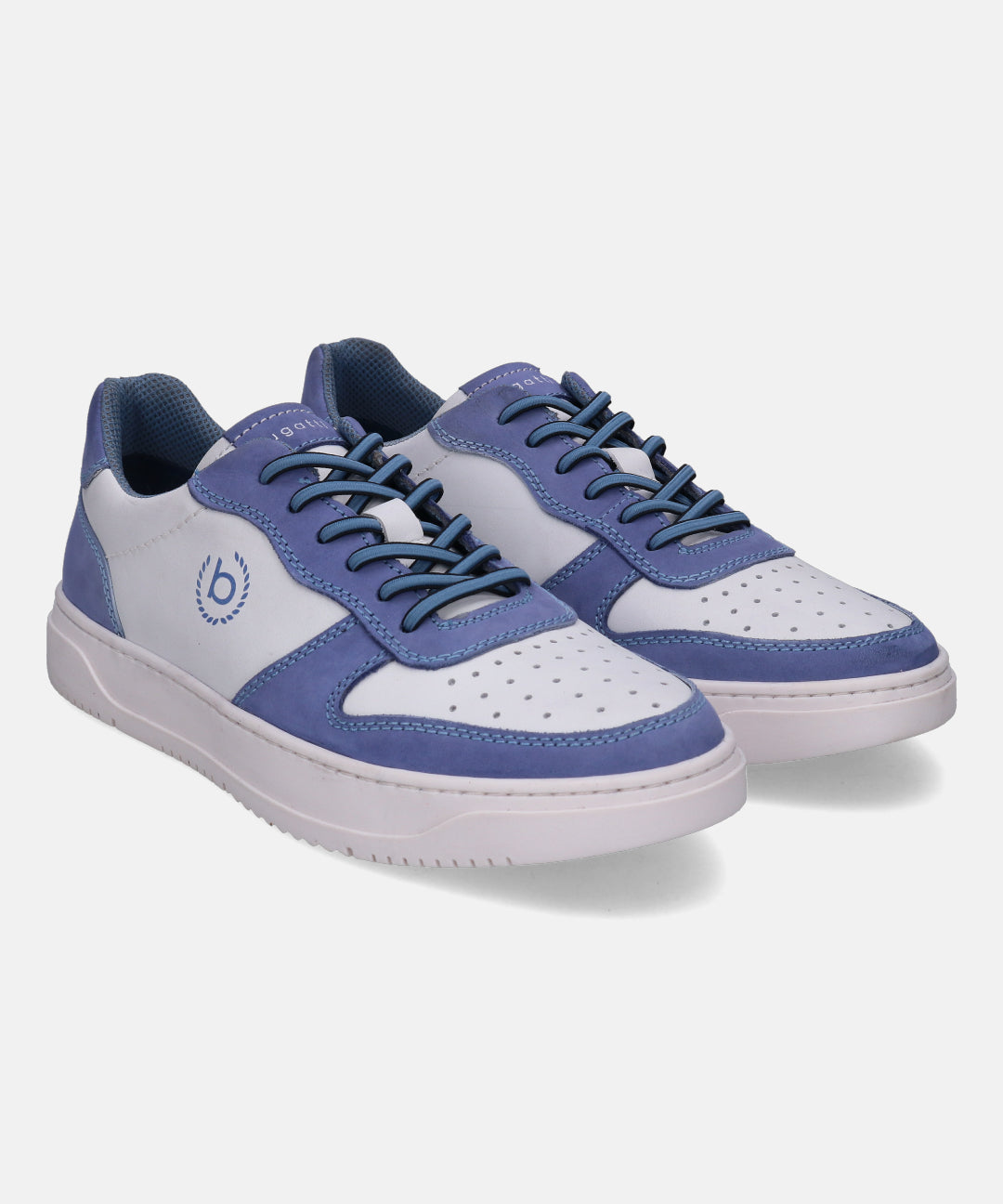 Light blue leather sneakers by bugatti with white panels, blue laces, and perforated toe box.