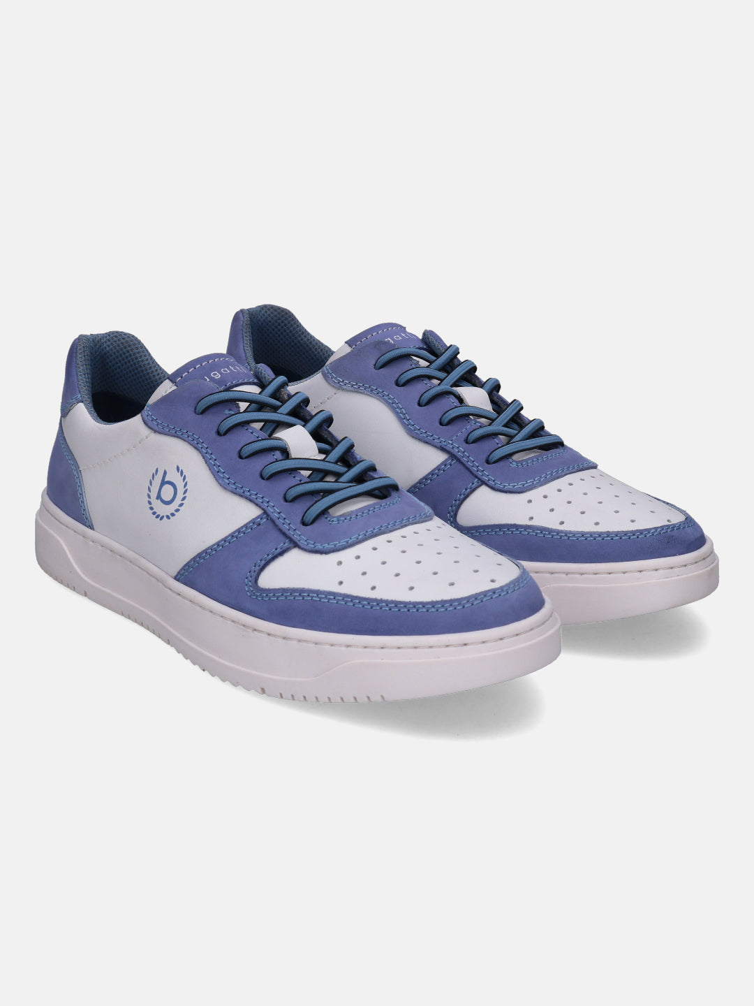 Light blue leather sneakers by bugatti with white panels, blue laces, and perforated toe box.