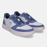 Light blue leather sneakers by bugatti with white panels, blue laces, and perforated toe box.
