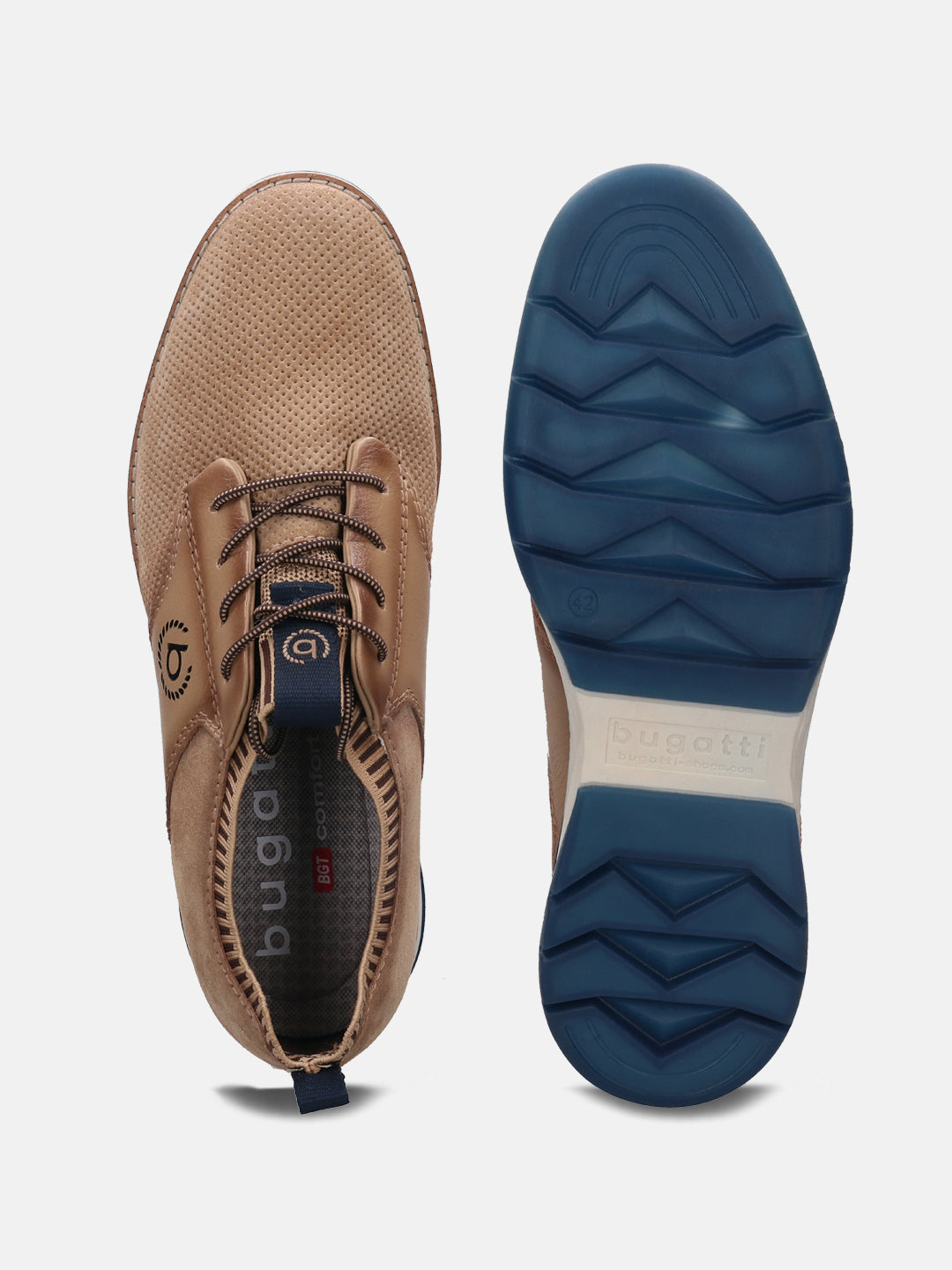 A beige Men's bugatti Oxford featuring a pointed plain toe, zero heels heel, and a wide fit. Made from premium genuine leather with a durable tpr outsole, this laces design offers both style and comfort.
