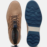 A beige Men's bugatti Oxford featuring a pointed plain toe, zero heels heel, and a wide fit. Made from premium genuine leather with a durable tpr outsole, this laces design offers both style and comfort.