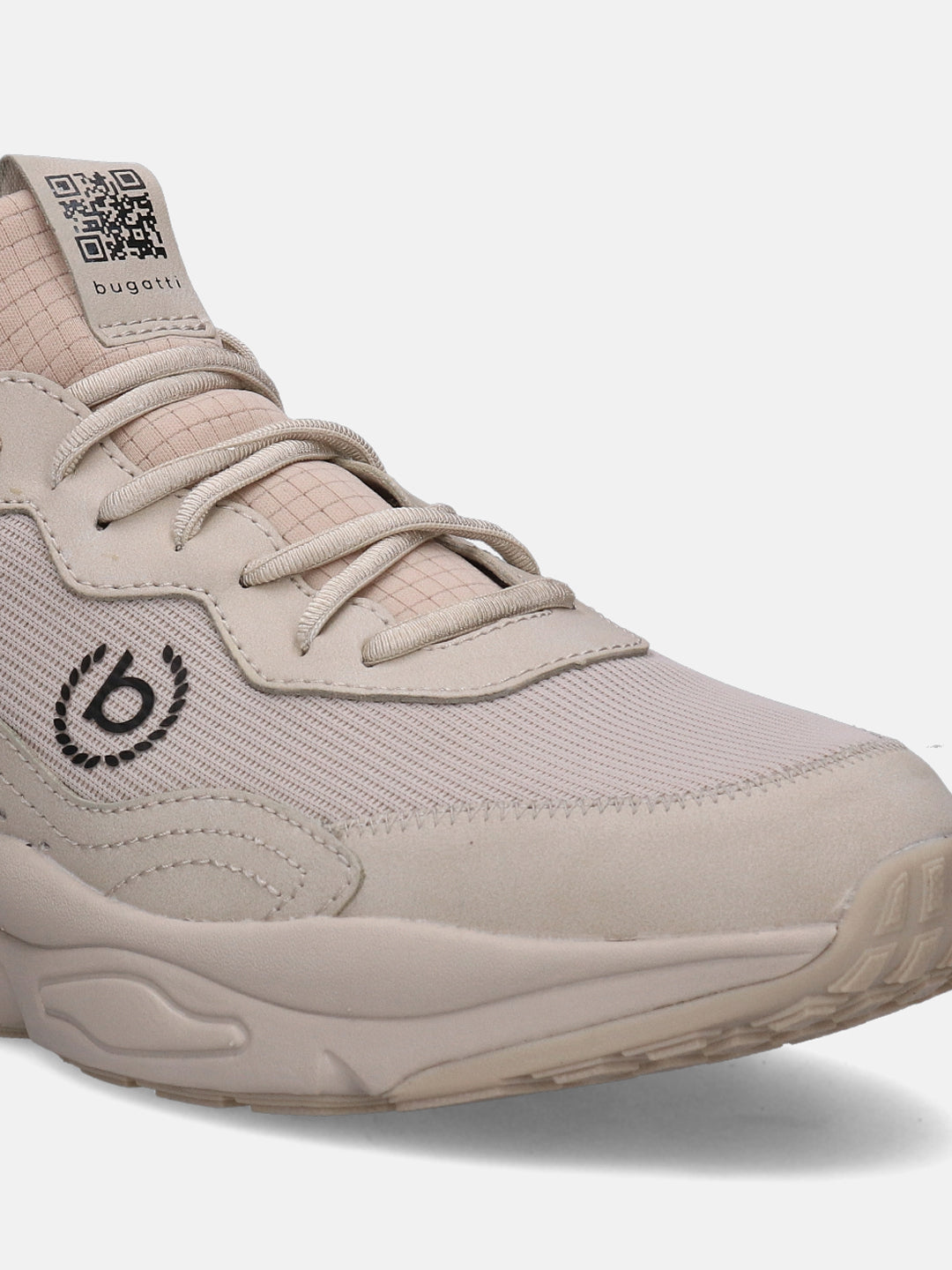 Sand sneakers by bugatti, with beige laces, the brand's logo at the side, and a QR code on the tongue.