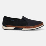 A blue Men's bugatti  Slip-On Sneakers featuring a round toe plain toe, zero heels heel. Made from textile with a durable tpr outsole, this slip-on design offers both style and comfort.