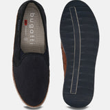 A blue Men's bugatti  Slip-On Sneakers featuring a round toe plain toe, zero heels heel. Made from textile with a durable tpr outsole, this slip-on design offers both style and comfort.