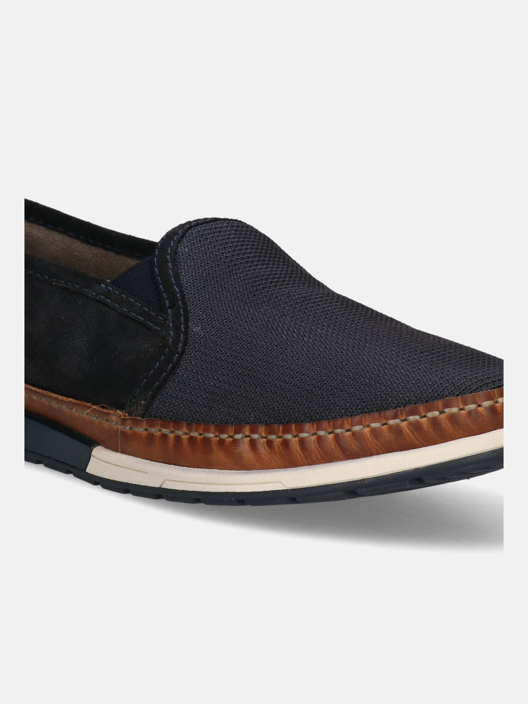 A blue Men's bugatti  Slip-On Sneakers featuring a round toe plain toe, zero heels heel. Made from textile with a durable tpr outsole, this slip-on design offers both style and comfort.